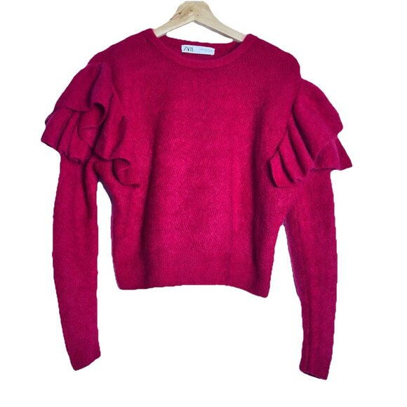 Zara Knit Jumper Size M Mohair Wool Mix Ruffle Cropped Crew Neck Red Burgundy - Picture 1 of 6